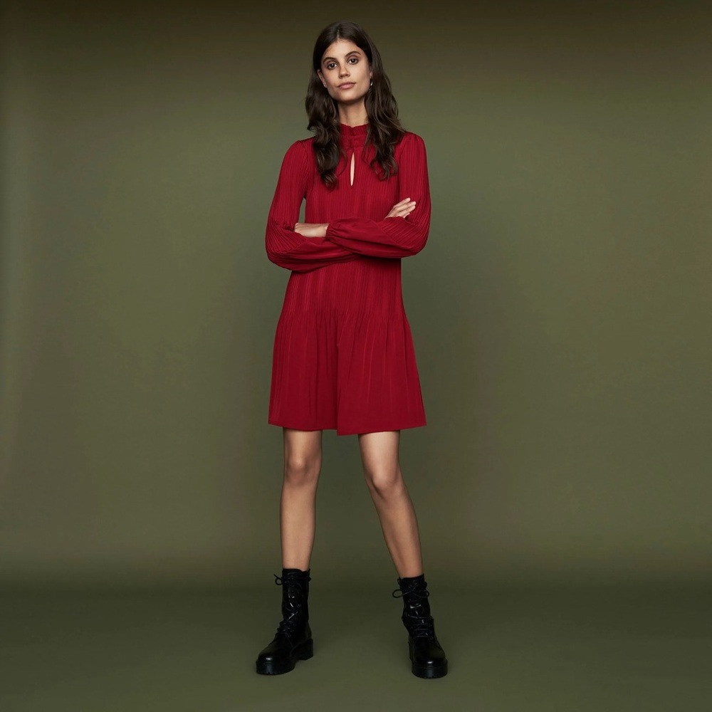Maje Rockally Pleated Woven Dress Solid Red Long Sleeve High Neck Size 3 Large